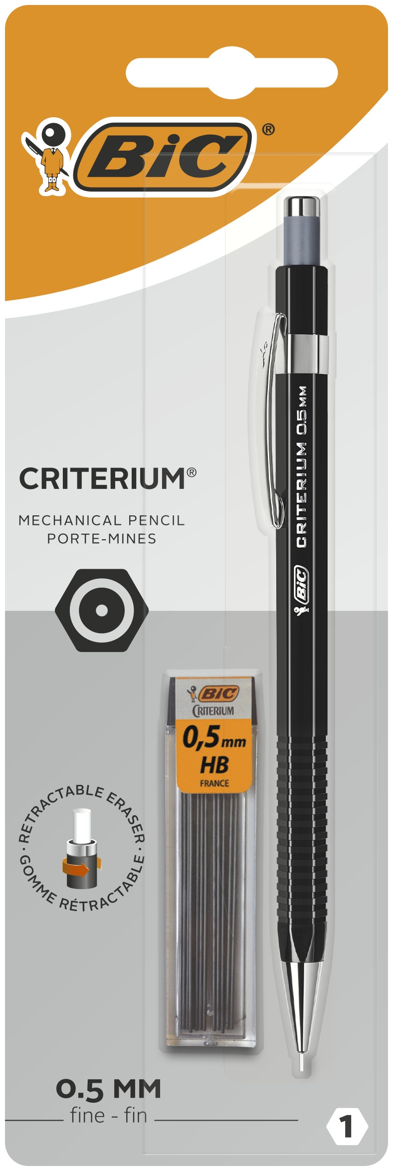 BIC Criterium Porte-mines Rétractable et Rechargeable de 0,5 mm et Recharges de Mine HB - Noir, Étui de 1+12 Mines