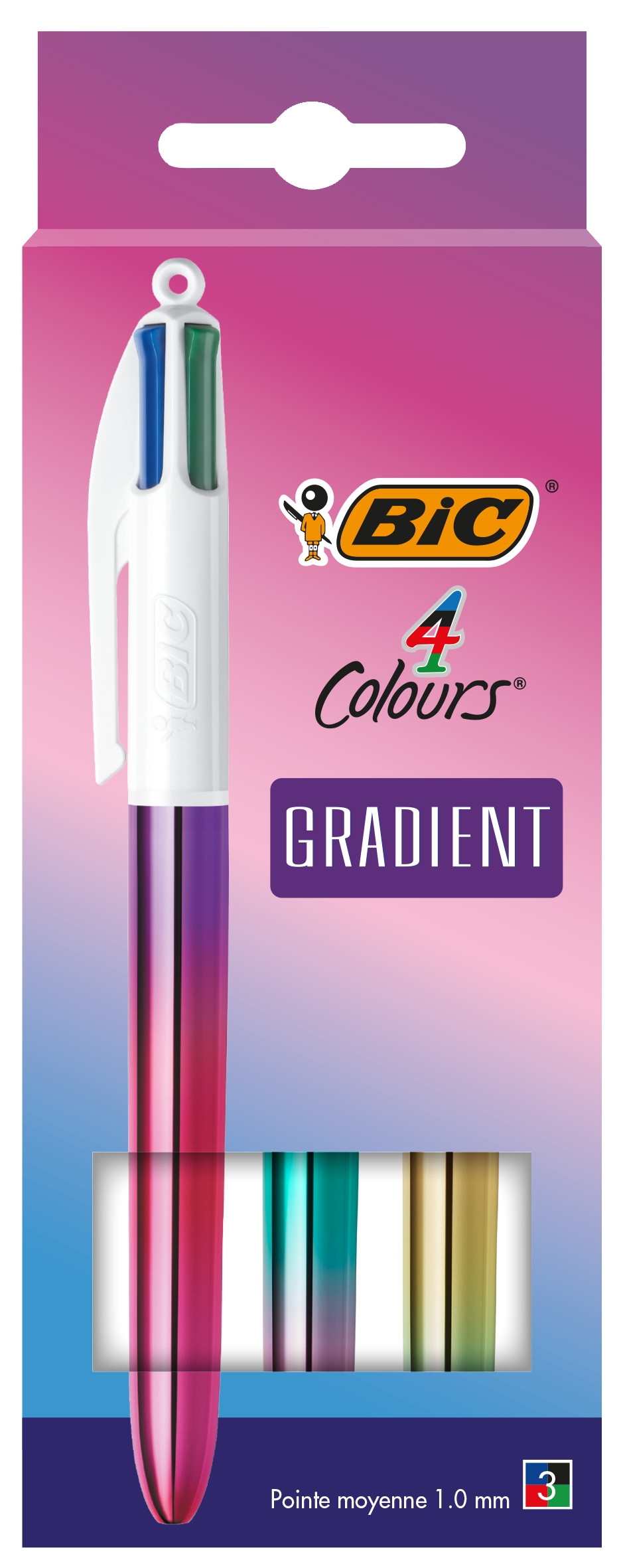 BIC 4 Couleurs Gradient Stylos-Bille Rétractables Pointe Moyenne (1,0 mm) - Couleurs Assorties, Pack de 3