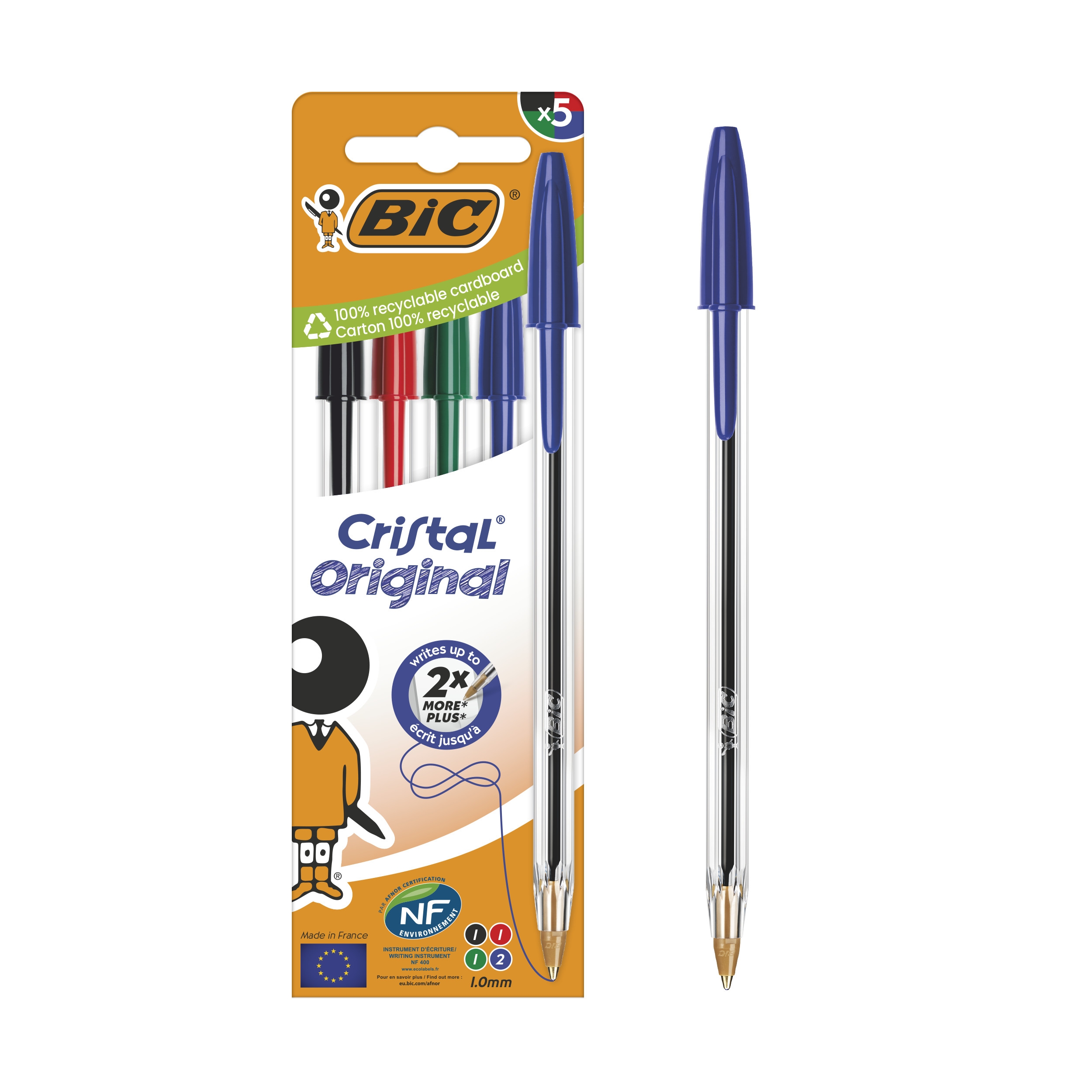 BIC Cristal Original Stylos-Bille Pointe Moyenne (1,00 mm) avec Capuchons et Embouts Assortis - Couleurs d’Encre Assorties, Lot de 5