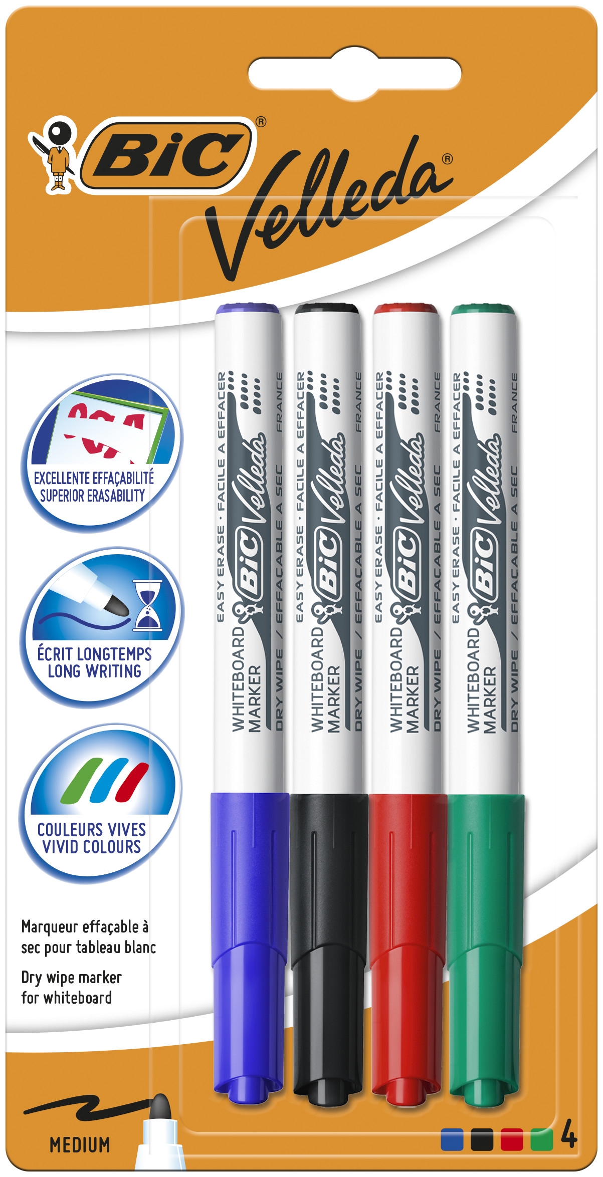 BIC Velleda 1741 Feutres pour Tableau Blanc Effaçables à Sec Pointe Conique Moyenne - Couleurs Assorties, Blister de 4