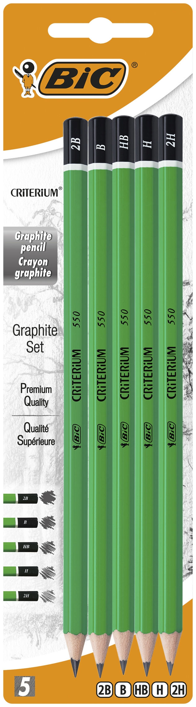 BIC Critérium 550 Crayons à Papier - 2B/B/HB/H/2H, Blister de 5
