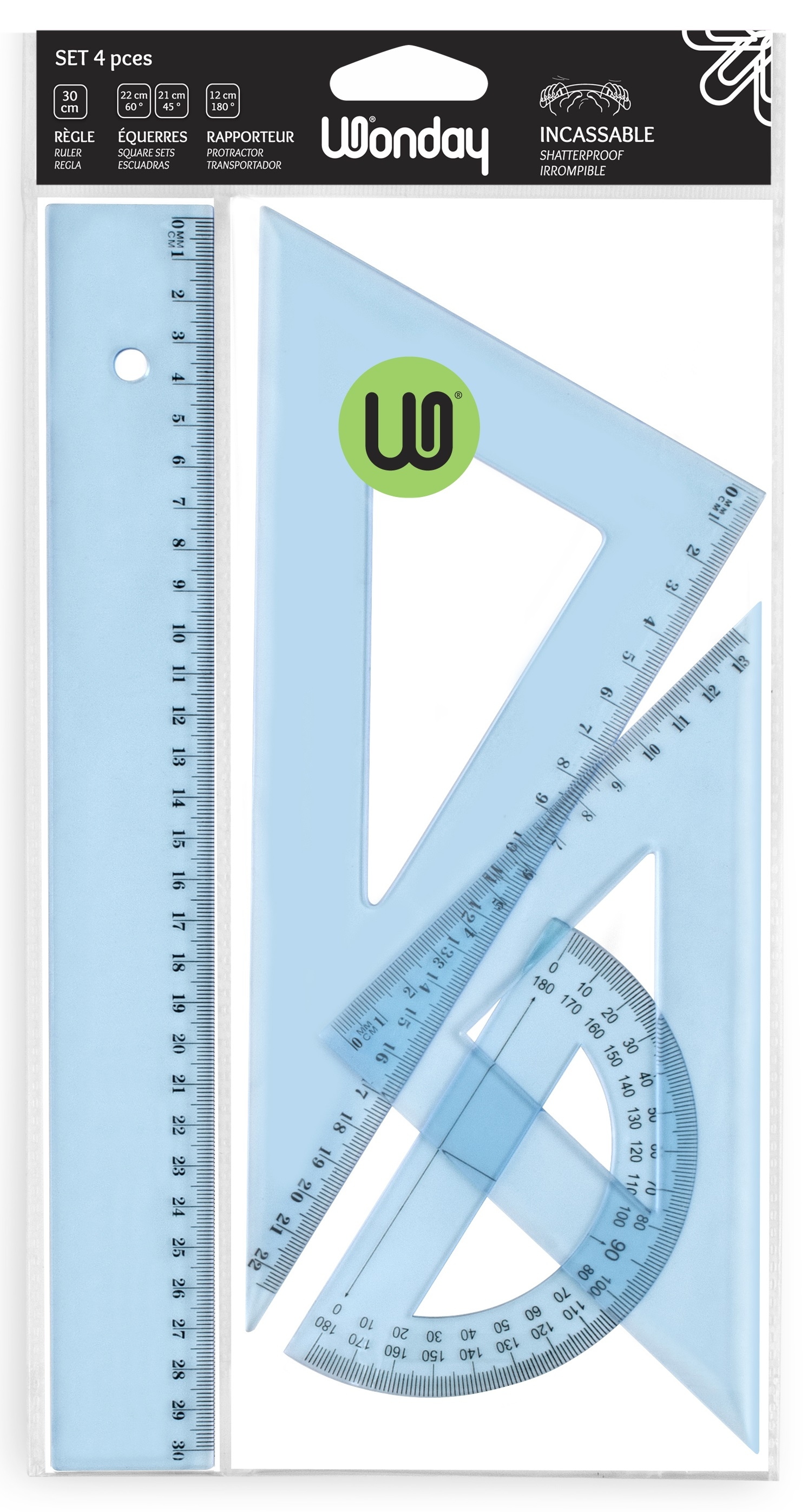 WONDAY Kit de traçage 4 pièces en plastique incassable, 1 règle 30cm, 1 rapporteur, 2 équerres