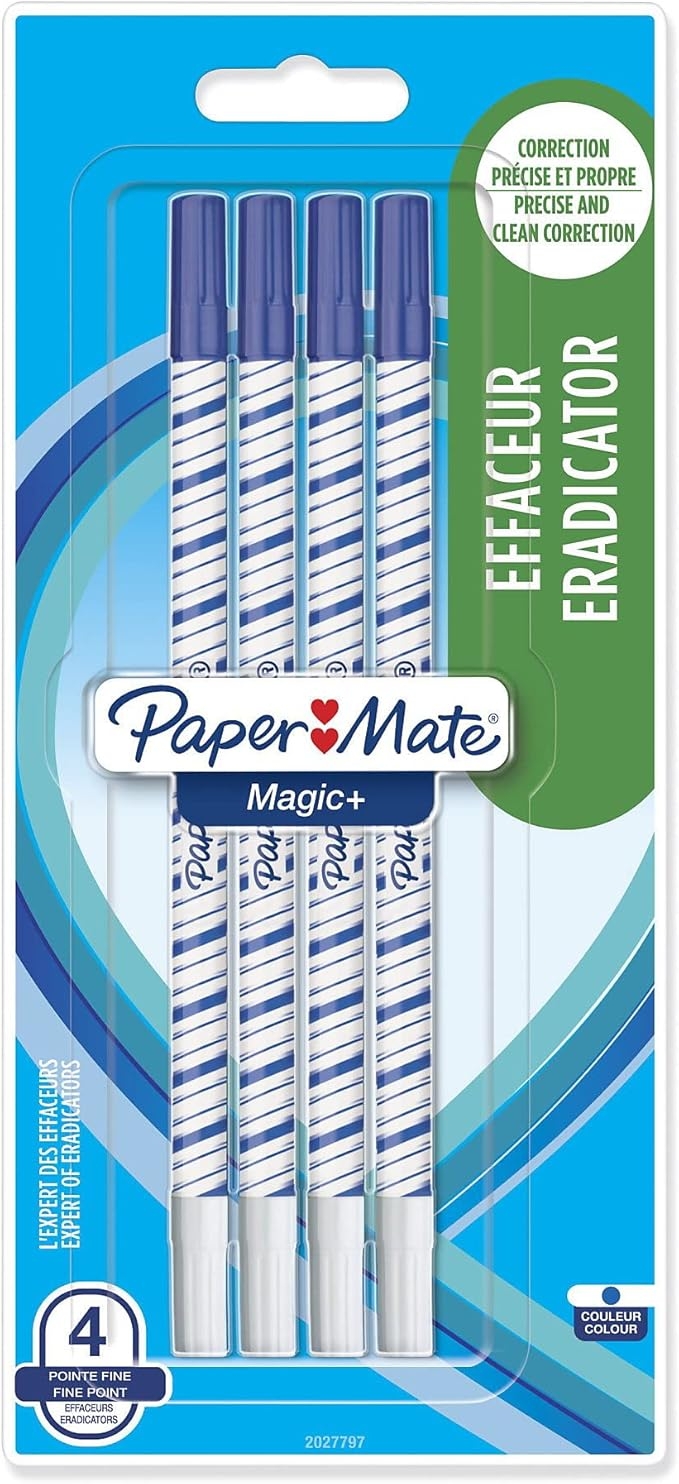 PAPERMATE Blister de 4 effaceurs reecriveur pointe fine MAGIC. Encre bleue