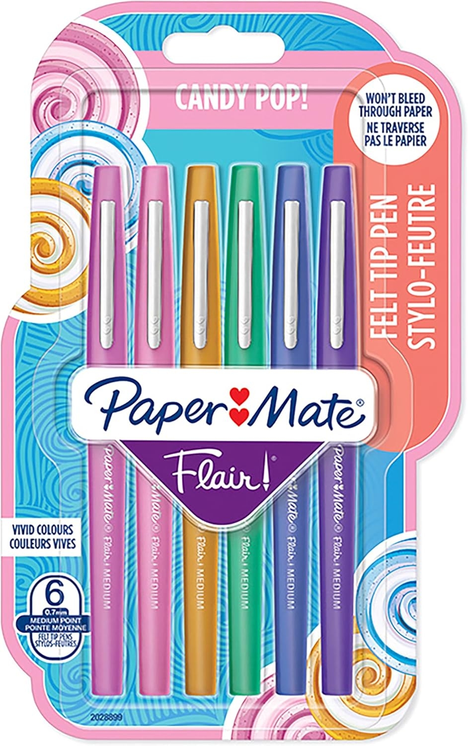 PAPERMATE Blister de 6 stylos feutres Flair Candy Pop. Framboise, (Fraise, Caramel, Vert, Bleu, Raisin)
