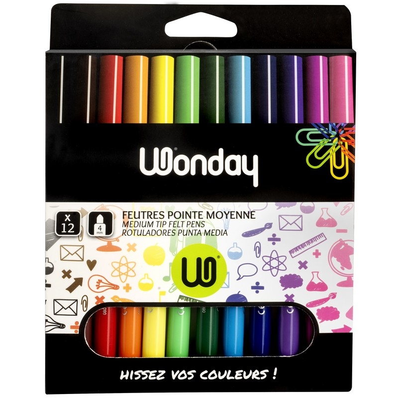 WONDAY Pochette de 12 feutres pointe moyenne assortis