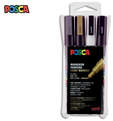 POSCA Etui de 4 marqueurs POSCA. Pointe fine (or, argent, noir, blanc)