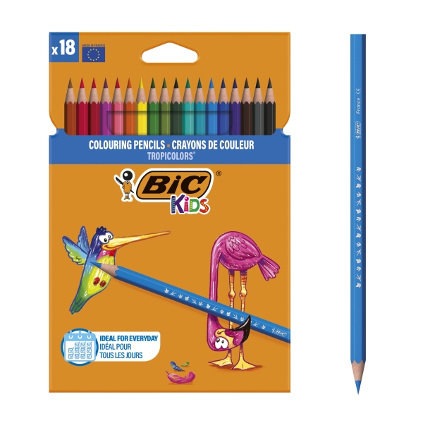 BIC Kids Tropicolors Crayons de Couleur - Coloris Assortis, Etui Carton de 18