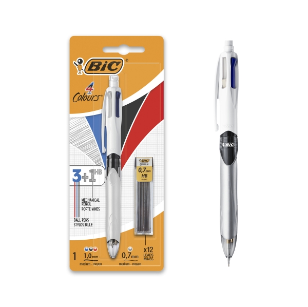 BIC 4 Couleurs 3+1 HB Stylo-Bille et Porte-Mines - Blister de 1 + 12 Mines 0,7 mm HB