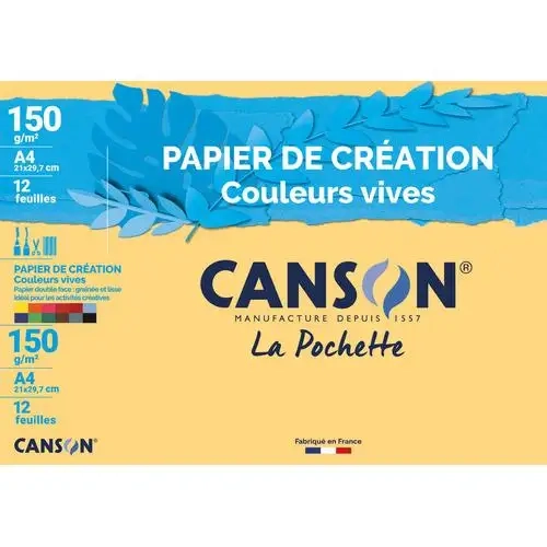 CANSON Pochette 12 feuilles papier couleur CREATION 150g 21x29,7cm.