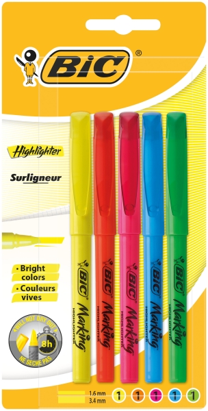 BIC Highlighter Surligneurs Pointe Biseautée - Couleurs Fluo Assorties, Blister de 5