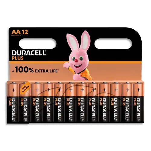DURACELL Piles alcalines AA Plus 100%, 1,5V LR6 MN1500, lot de 12 piles