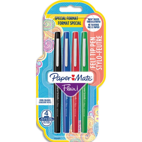PAPERMATE Blister de 4 feutres ecriture Flair Original. Encres standard : noir, bleu, rouge et vert