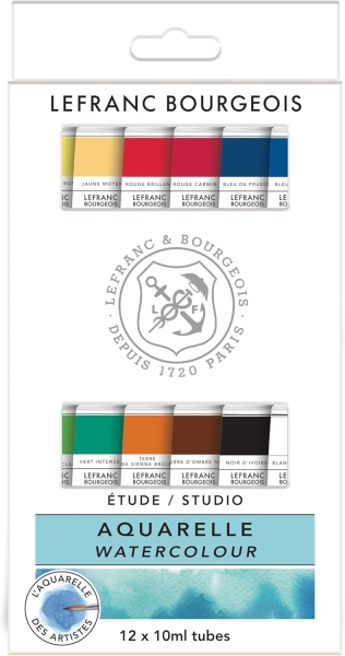 Boîte de 12 tubes de peinture aquarelle. Gamme etude/studio. LEFRANC BOURGEOIS  Tubes de 10ml
